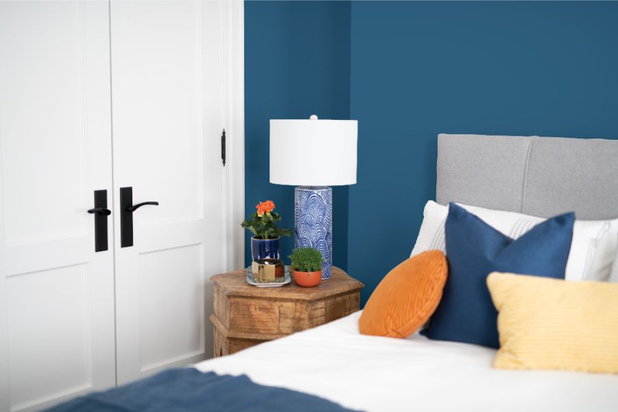 blue bedroom with paint finish