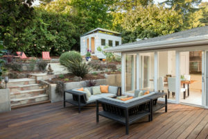 Amazing wooden deck and furniture at private home.