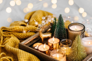 Gold and white christmas tray and candles