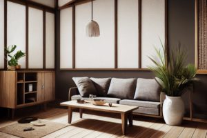 Japandi concept of living room interior with design wooden