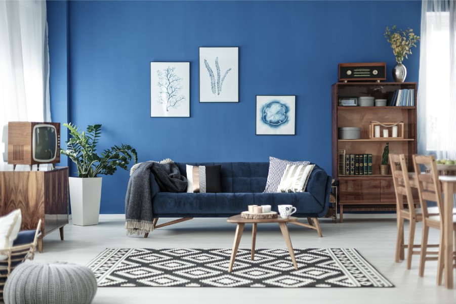 blue accent living room old tv - house den