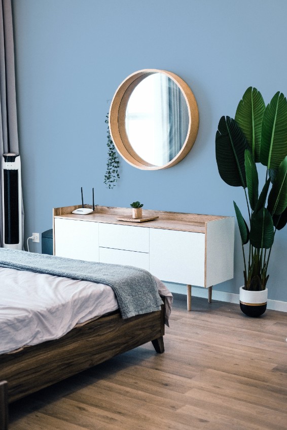 blue bedroom round mirror