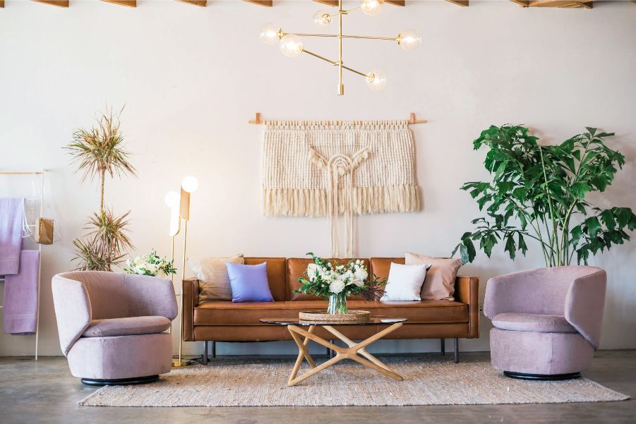 boho living room with cream walls