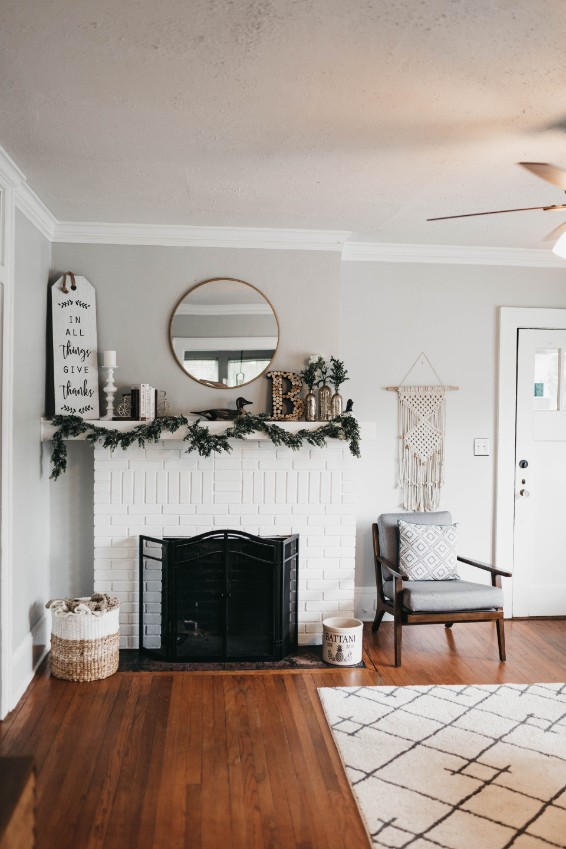 winter white paint brick fireplace